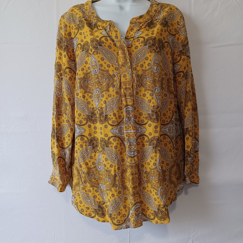 Talbot top yellow paisley long sleeve v neck  sz 1X  casual boho peasant travel
